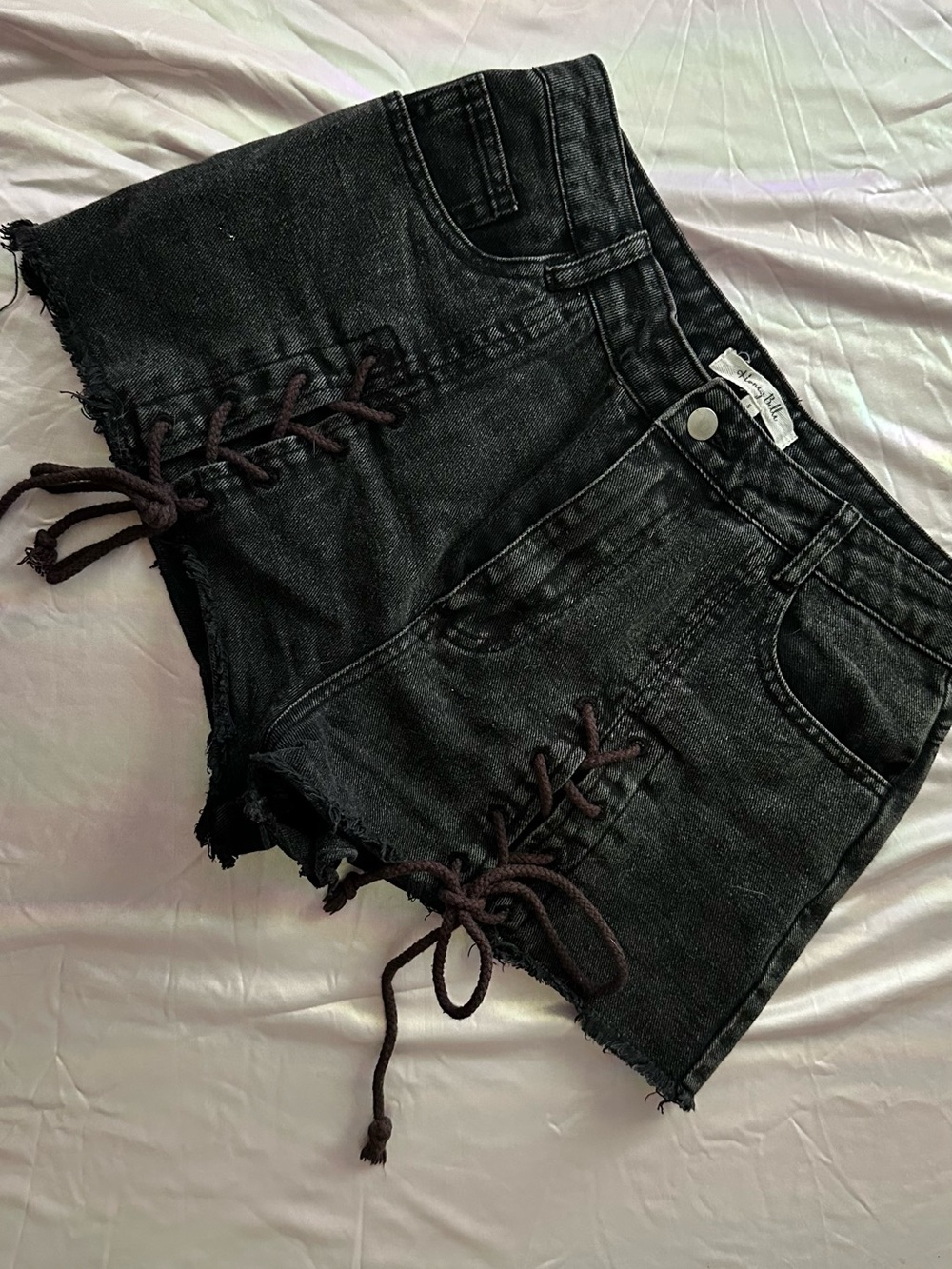Honey Belle Black Lace-Up Denim Cutoff Shorts